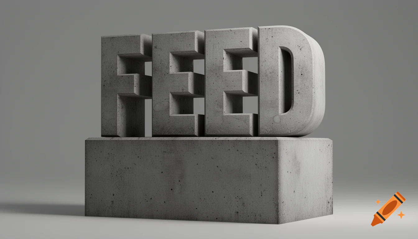 3D render of the word 'FEED' in concrete, designed as a monument on a concrete pedestal, with light and shadow.
