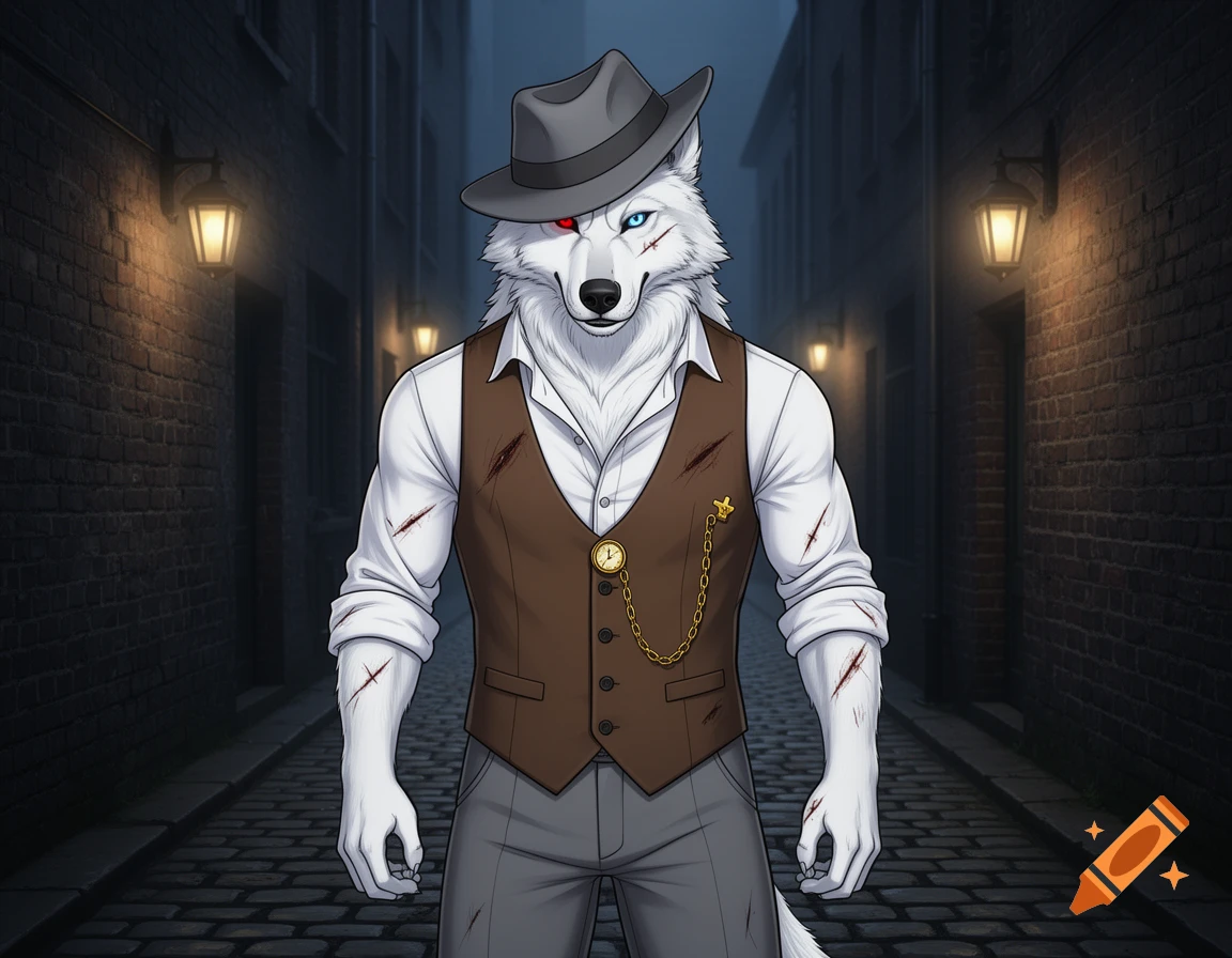 A stylized anthro direwolf in a fedora, white shirt, and brown vest with scars, standing in a dimly lit alley.