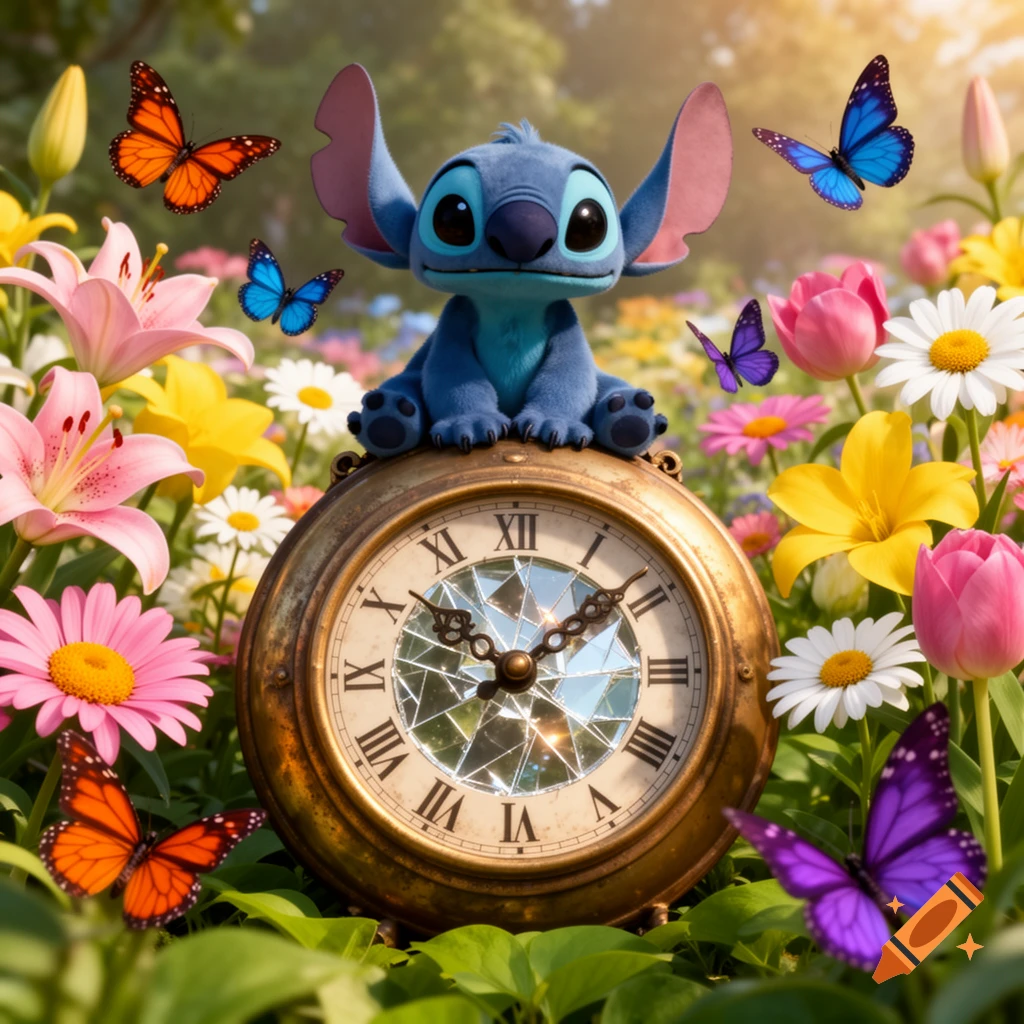 Cute blue alien character Stitch sitting on an ornate golden clock in a vibrant garden filled with colorful flowers and butterflies.