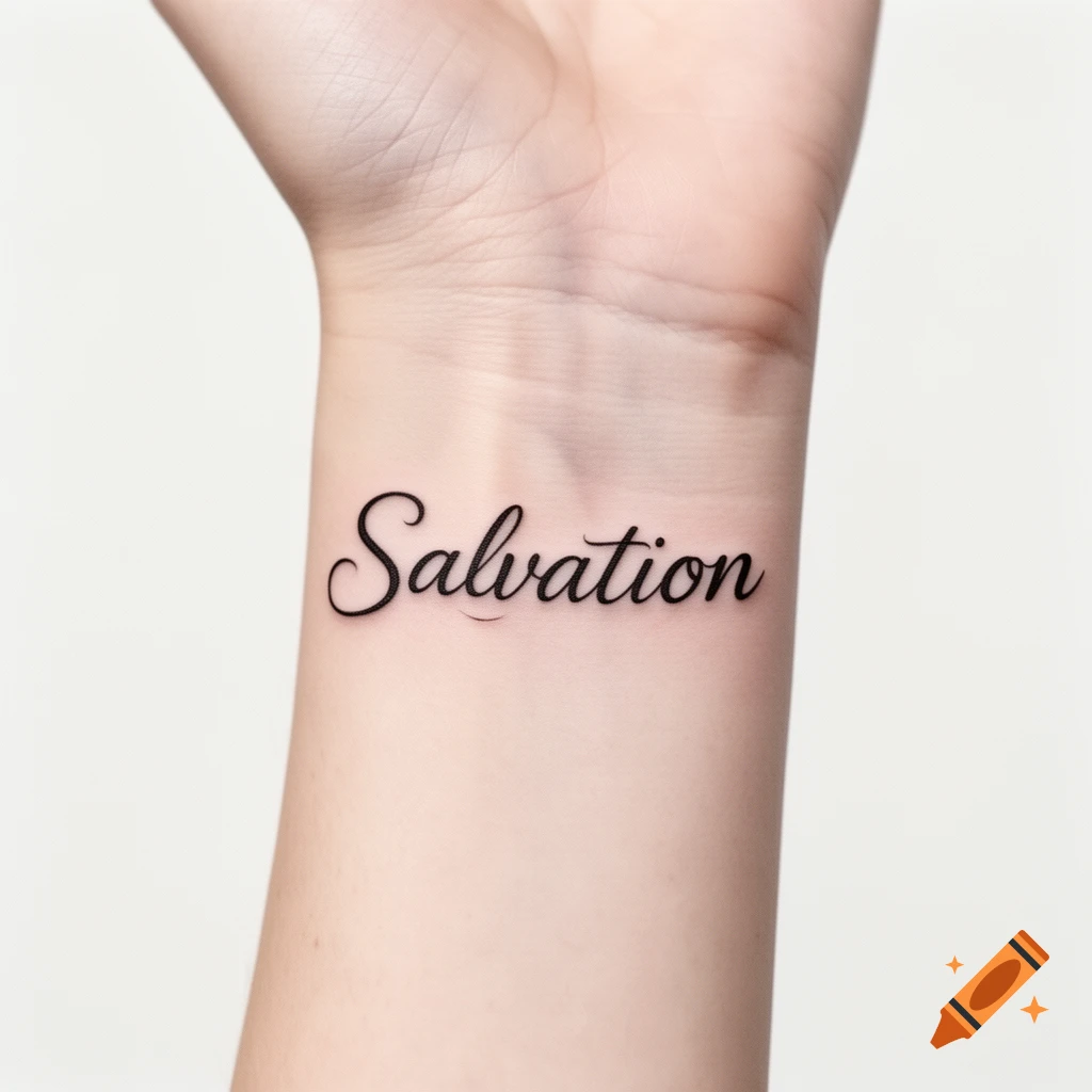 Close-up of a person's wrist with the word 'Salvation' tattooed in elegant script.