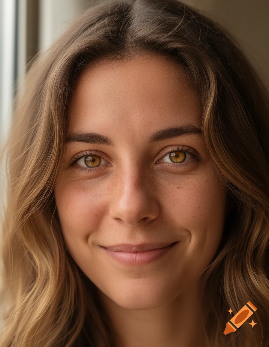 Close-up photorealistic portrait of a young woman with a slight smile, long wavy hair, and striking amber eyes.