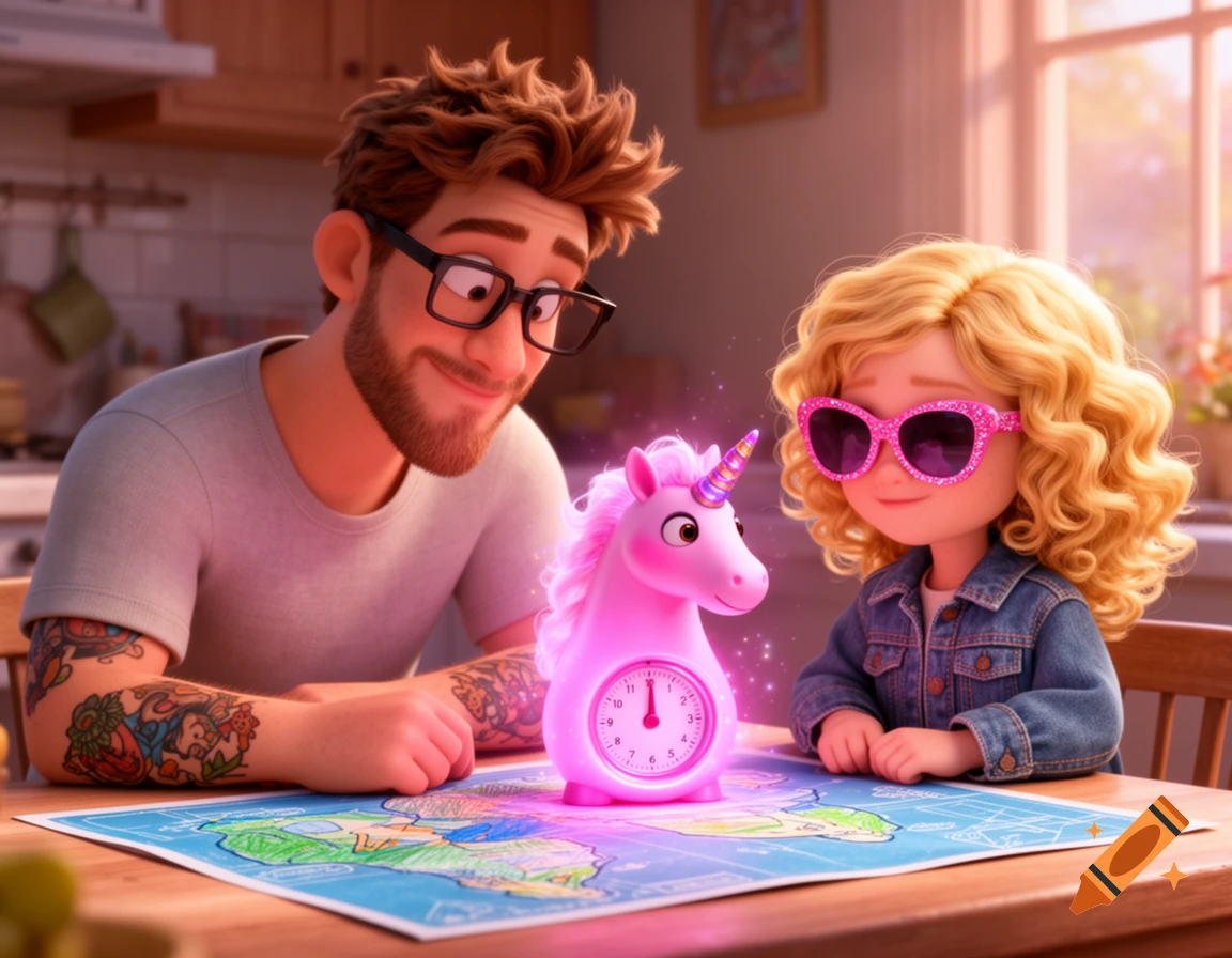 Pixar style animation of a dad with glasses and tattoos looking at a glowing pink unicorn timer and a map with his daughter in sunglasses.