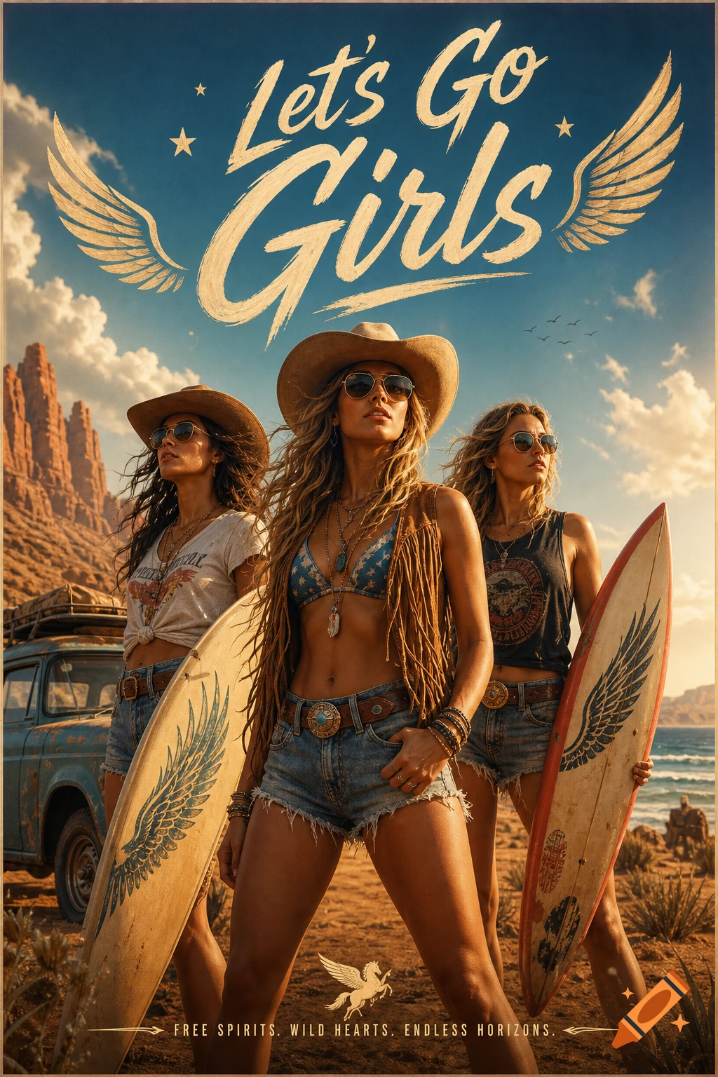 Three women in cowboy hats and denim shorts with surfboards in a desert landscape, under a sky with "Let's Go Girls" text in a vintage poster style.
