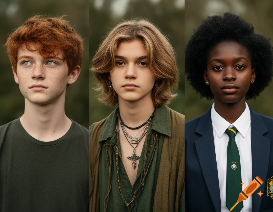 Three young people standing side-by-side: a redhead boy with freckles, a blond person with shaggy hair, and a Black girl in a school uniform.