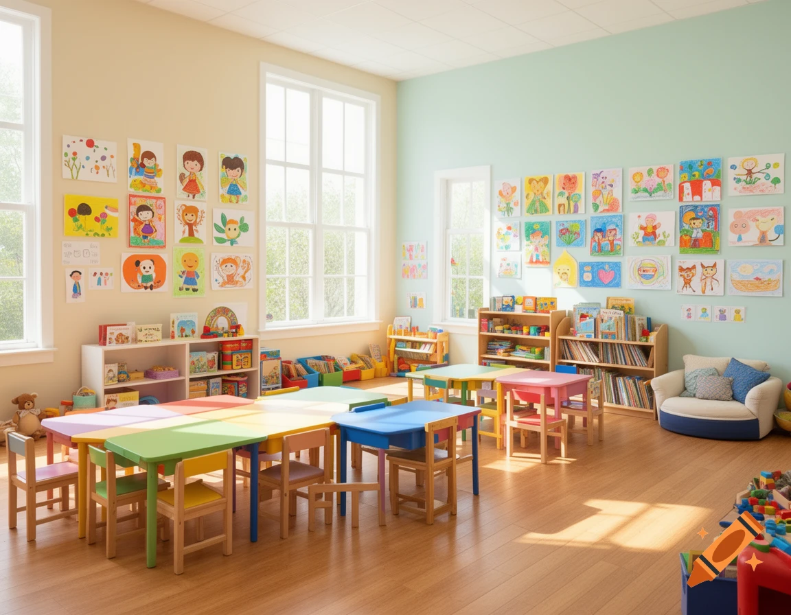 A bright, colorful kindergarten classroom with small tables, chairs, bookshelves, and children's drawings on light yellow and mint green walls.
