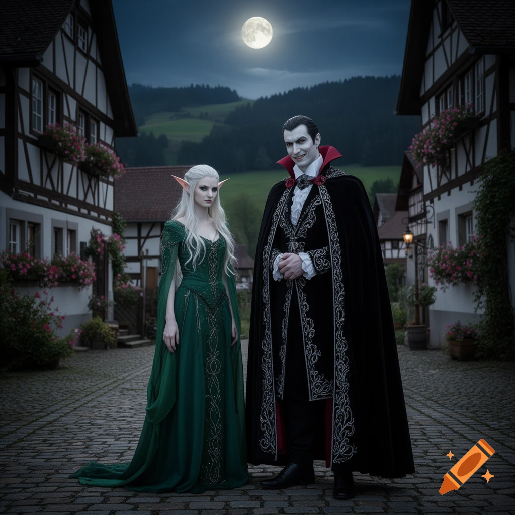A male vampire and a female elf stand on a cobblestone street in a village at night under a full moon.