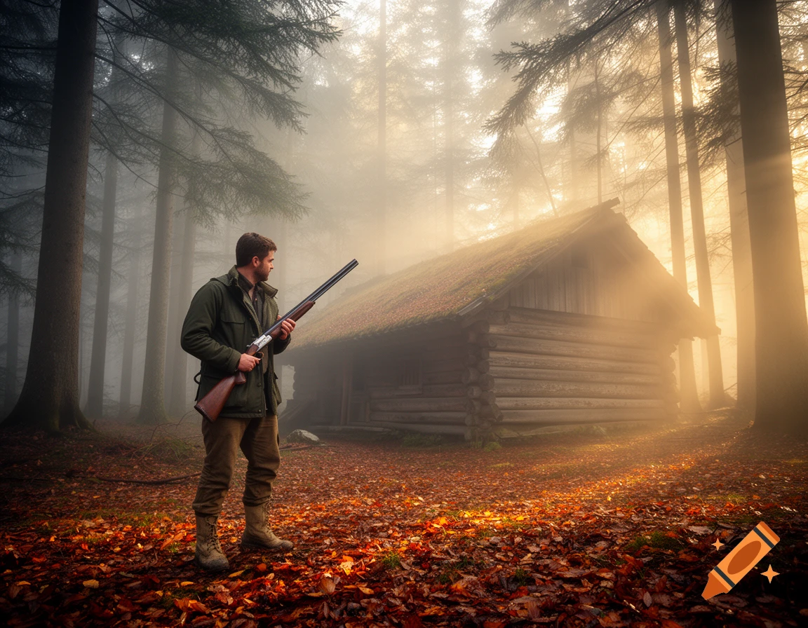 A hunter with a rifle stands in a misty autumn forest with a log cabin, illuminated by warm morning light.