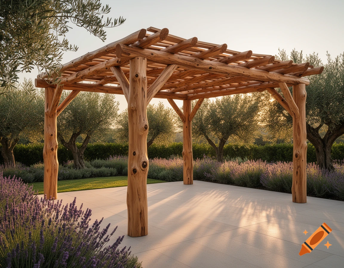 Rustic wooden pergola on a modern stone patio, surrounded by lavender and olive trees, bathed in warm golden hour sunlight.