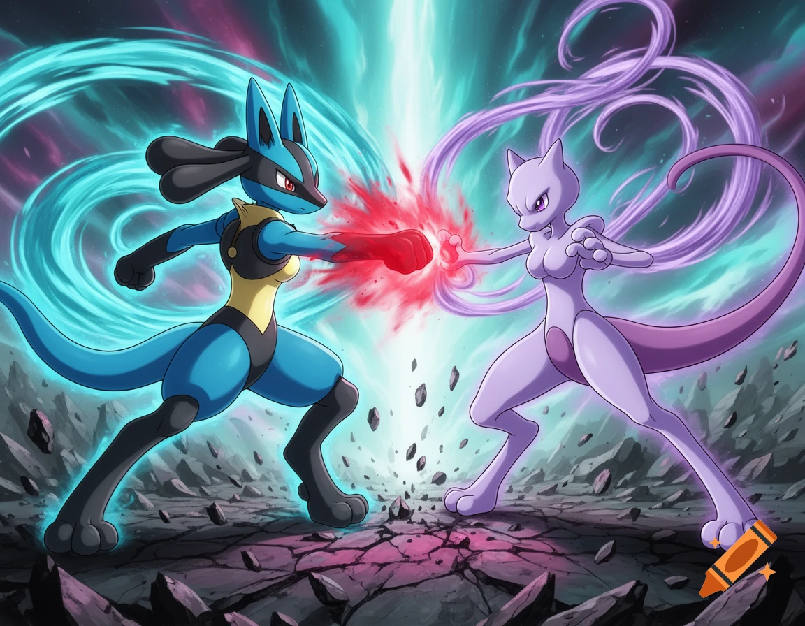 Lucario punches Mewtwo with a red energy blast amidst a blue and purple energy background on a cracked battlefield.
