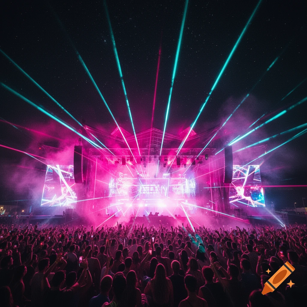 Vast crowd dancing at an EDM music festival stage at night with intense neon pink and cyan laser lights.