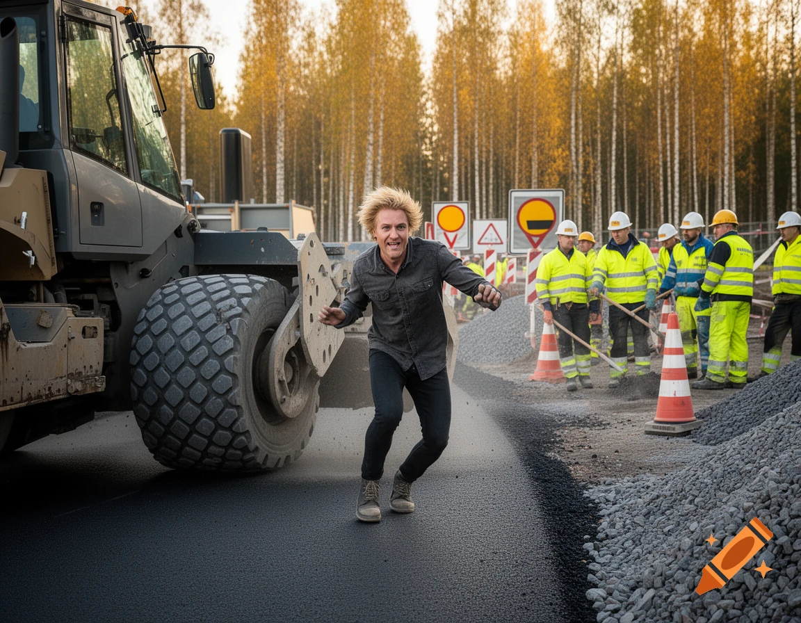 Jukka Hilden poses dynamically in front of a road roller at a construction site with workers in the background, photorealistic style.