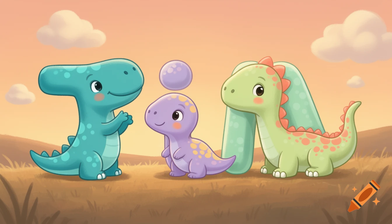 Three cute cartoon dinosaurs, colored blue, purple, and green, spell out 'TIM' in a whimsical landscape.