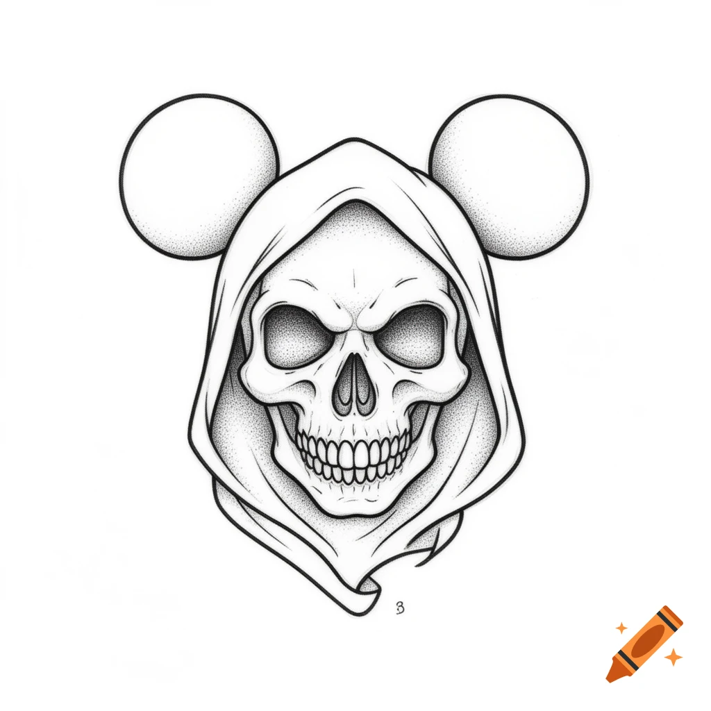 A sinister skull wearing a hooded cloak with large Mickey Mouse ears, in a fine line art illustration with stippling.