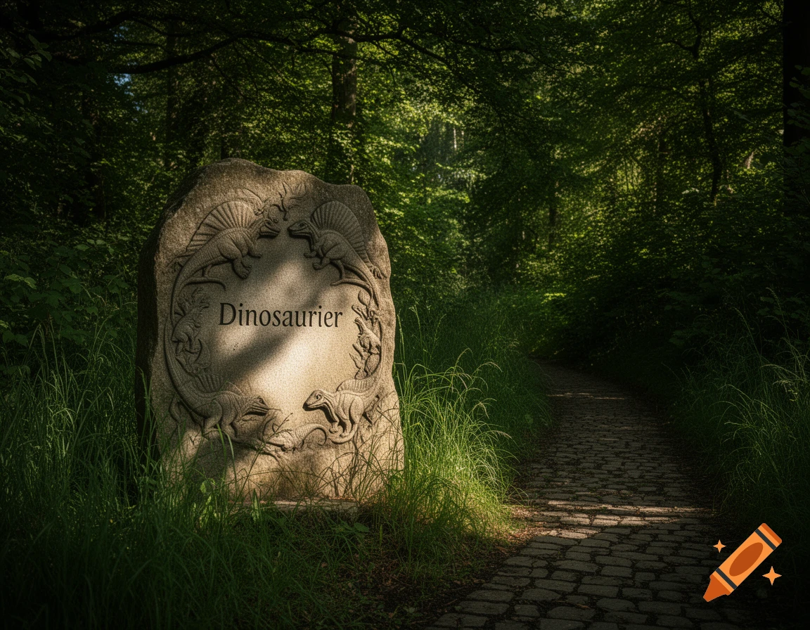 A stone monument with "Dinosaurier" carved on it and surrounded by carved dinosaurs, sits next to a cobblestone path in a sun-dappled forest.