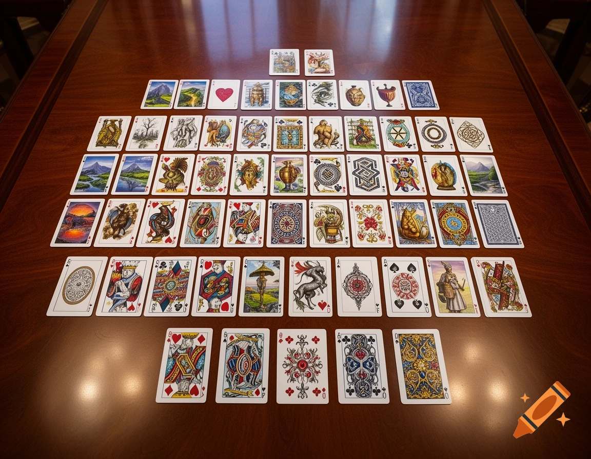 An overhead shot of a large collection of unique playing cards spread out neatly in rows and columns on a glossy wooden table.