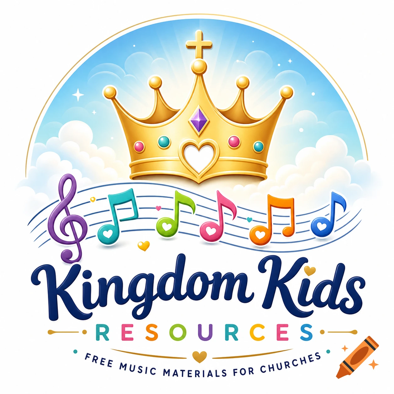 Logo with a golden crown, musical notes, and text "Kingdom Kids Resources - Free Music Materials For Churches" in a cartoon style.