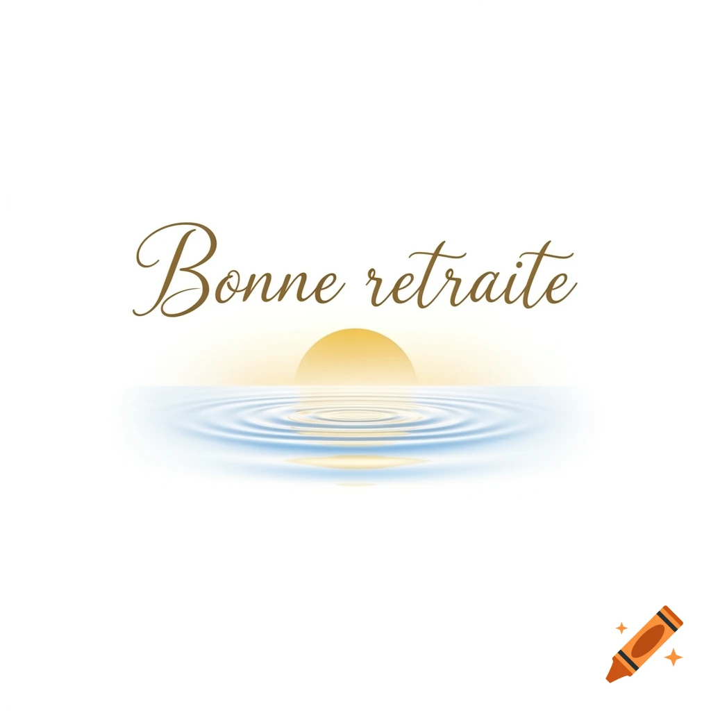 Graphic with 'Bonne retraite' text in script above a stylized golden sunset reflecting on rippling blue water.