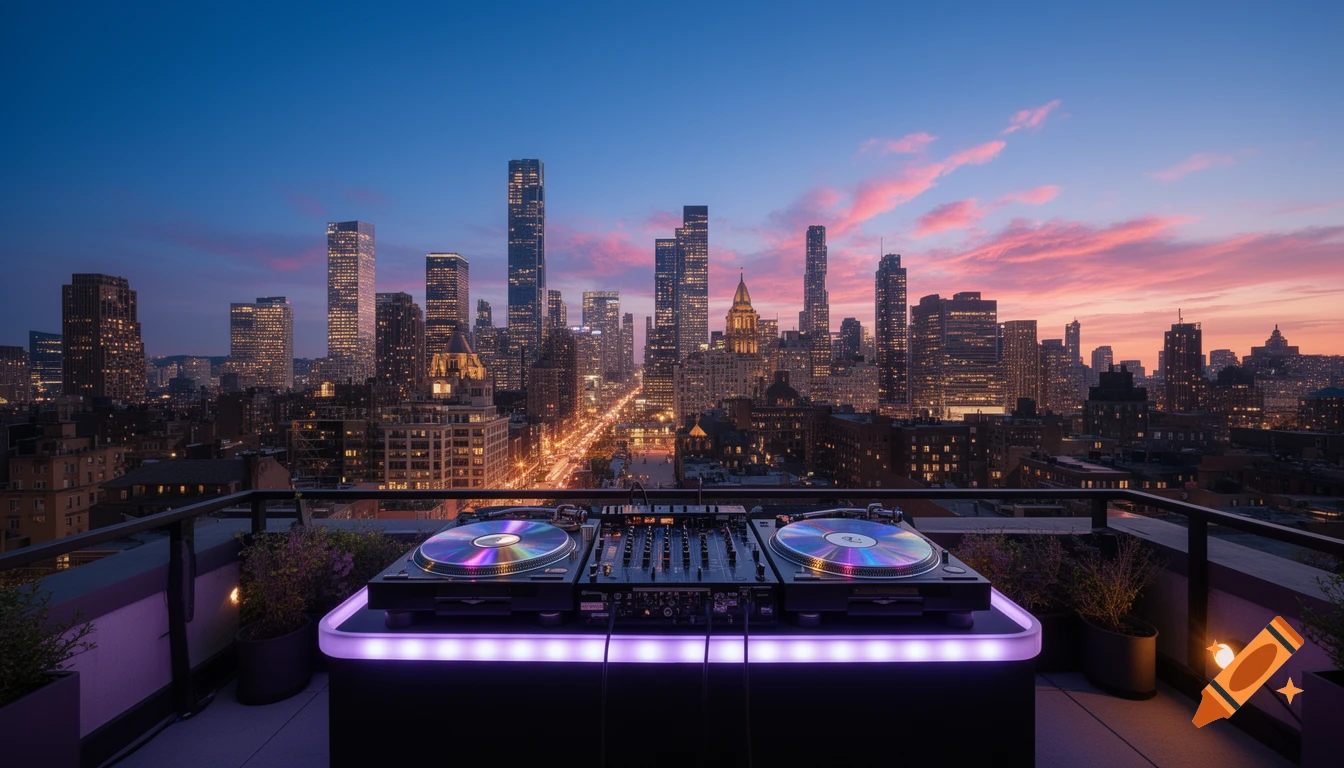A photorealistic view of a DJ setup on a rooftop overlooking a vibrant city skyline at dusk, with colorful lights.