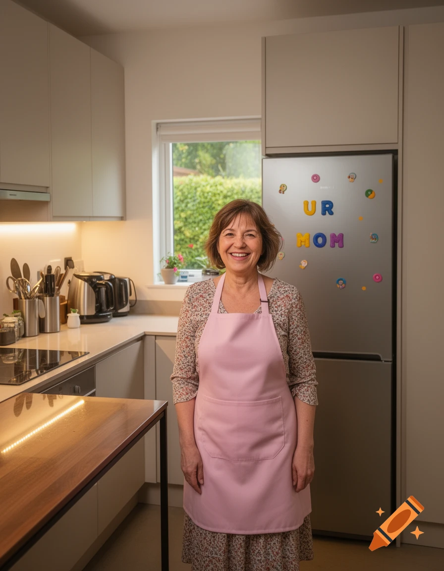 A smiling woman in a pink apron stands in a modern kitchen. Magnetic letters on the fridge spell "UR MOM".