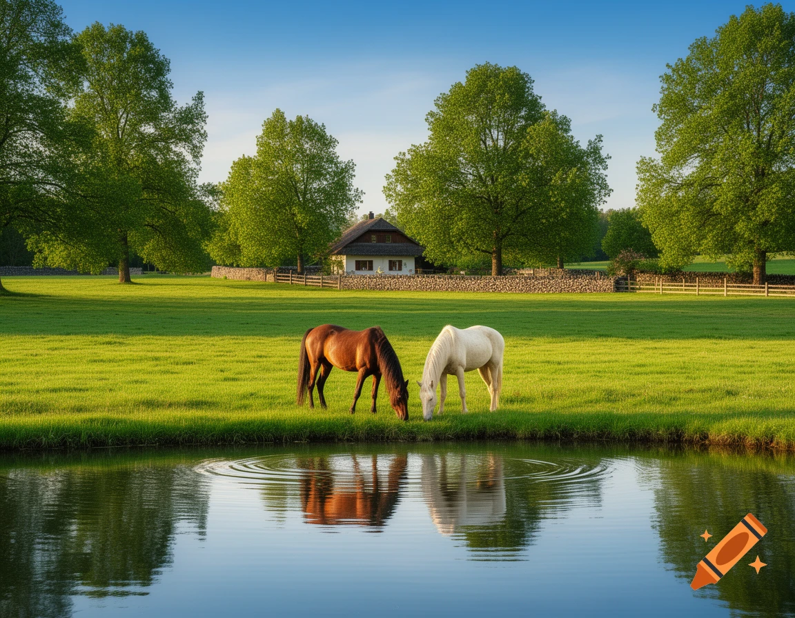 Brown and white horses graze by a tranquil pond with a reflection, a house and trees in the background, photorealistic.