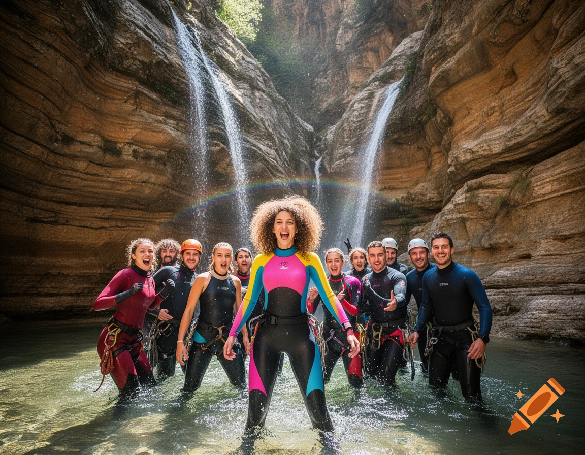 A group of happy people in wetsuits stand in a river in a canyon with two waterfalls and a rainbow.