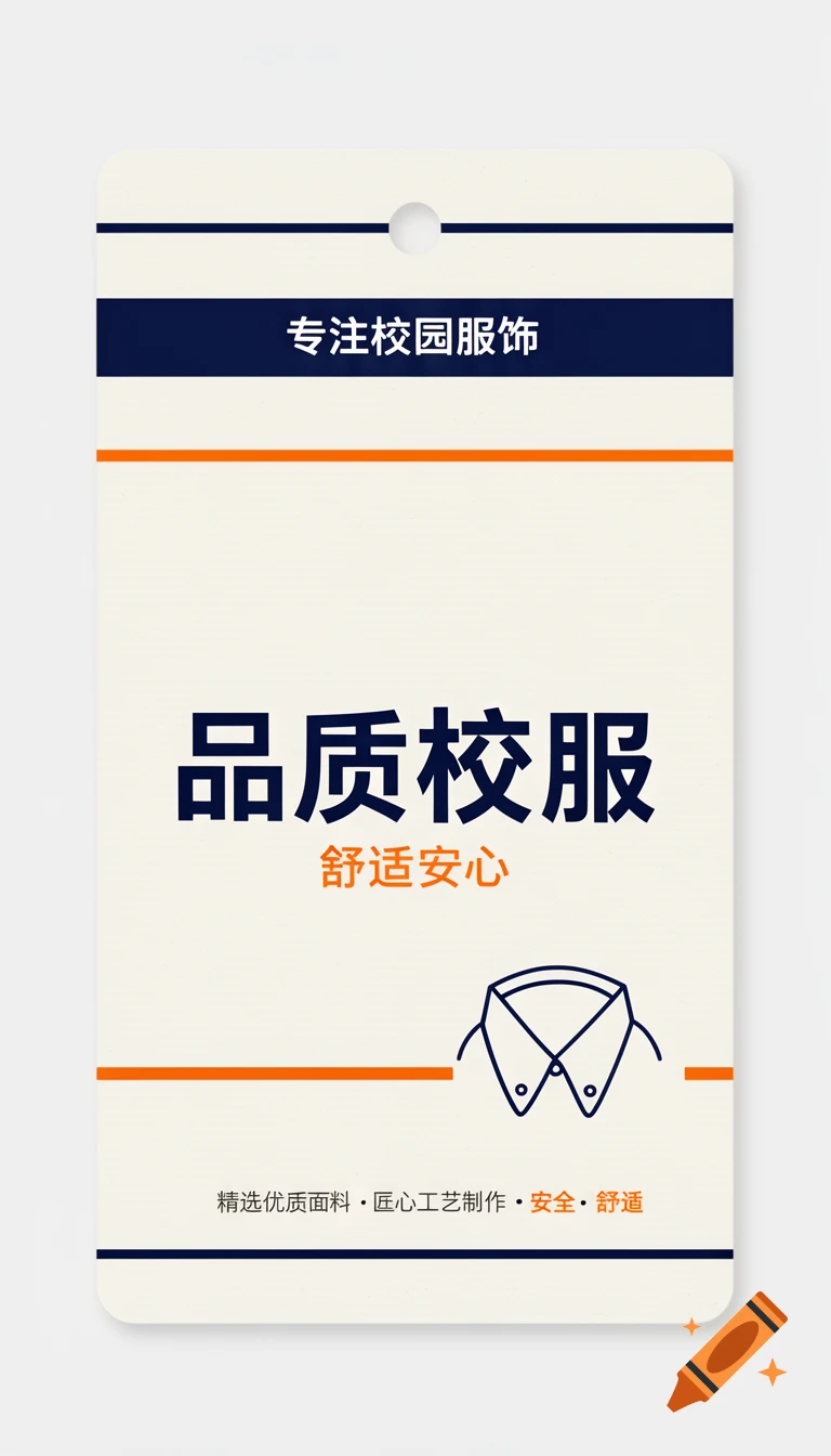 Minimalist school uniform tag design with Chinese text, a shirt collar icon, and horizontal lines in orange and dark blue on an off-white background.