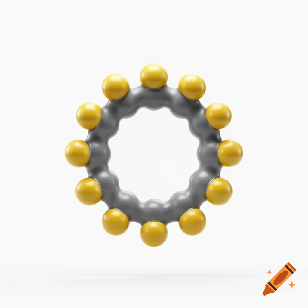 A 3D render of a grey, wavy ring-shaped object with twelve yellow spheres attached to its outer edge, on a white background.