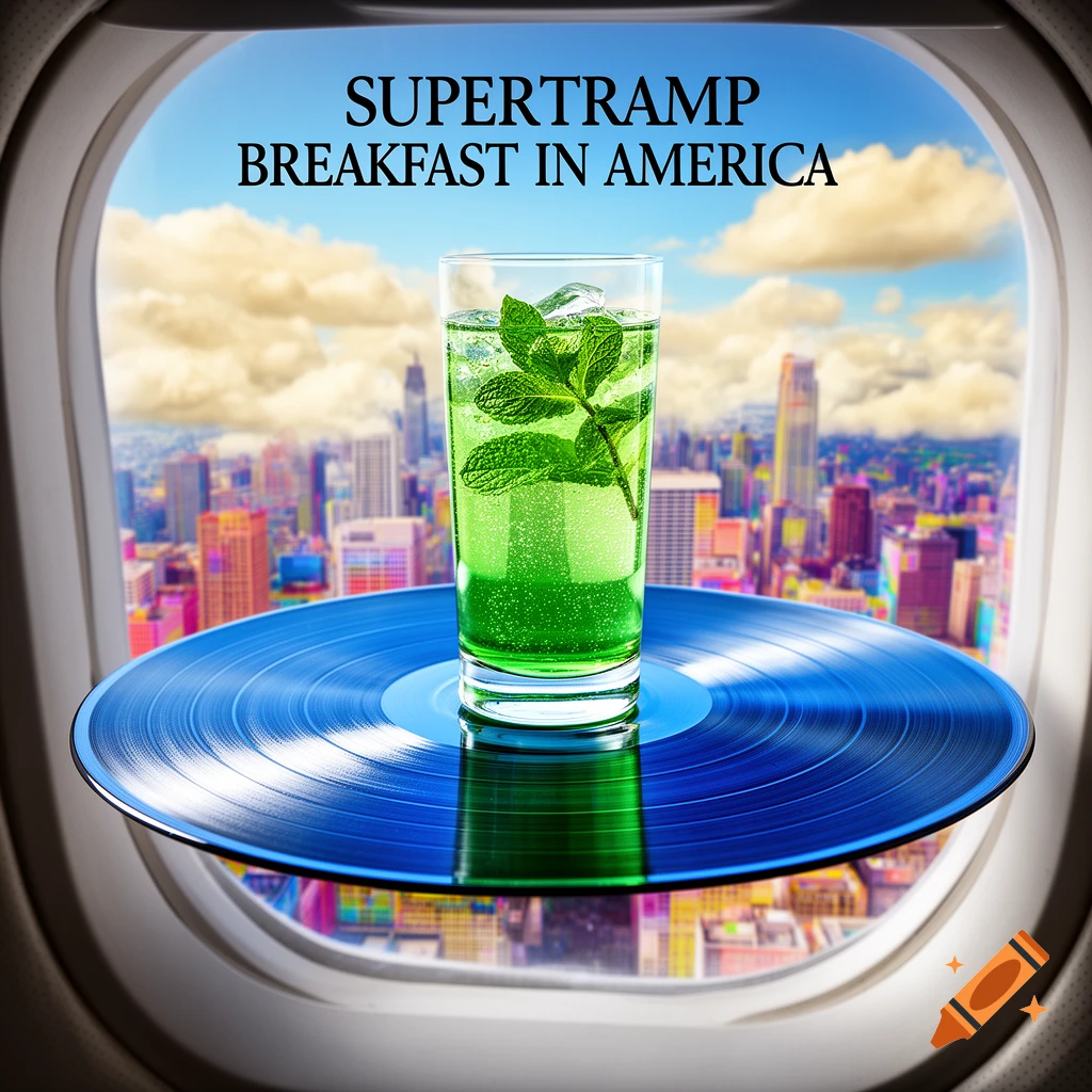 A mint drink on a blue vinyl record, seen through an airplane window over a city. Text 'SUPERTRAMP BREAKFAST IN AMERICA'.