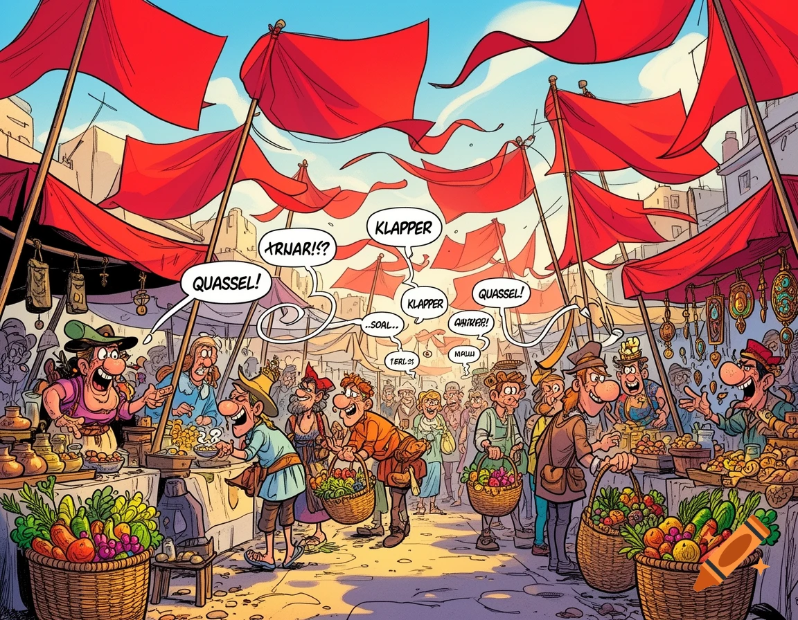A bustling comic-style medieval market with people, goods, and red flags waving overhead, featuring speech bubbles with garbled text.