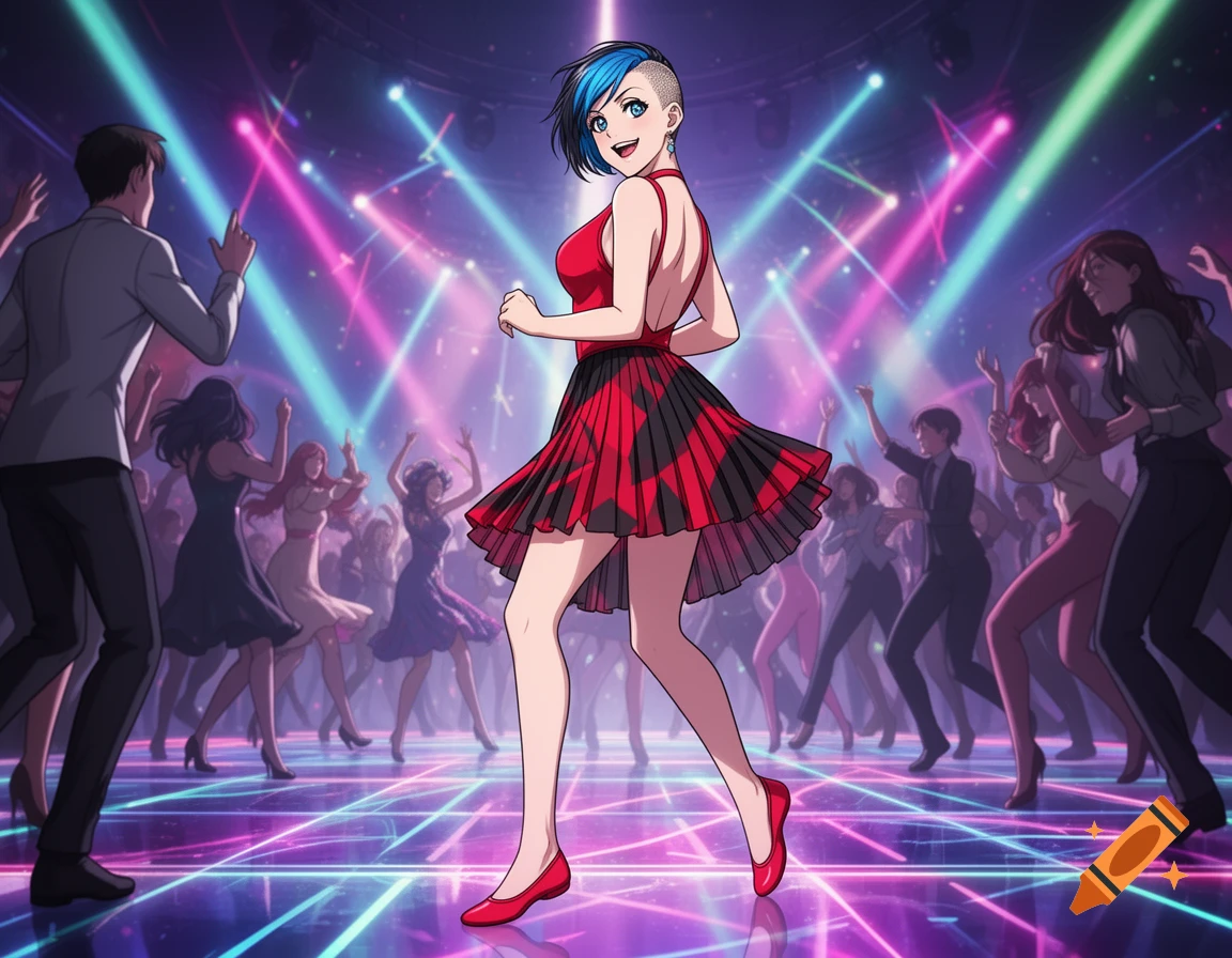 An anime-style woman with blue-streaked hair and a red dress dances in a vibrant nightclub with neon lights and other partygoers.