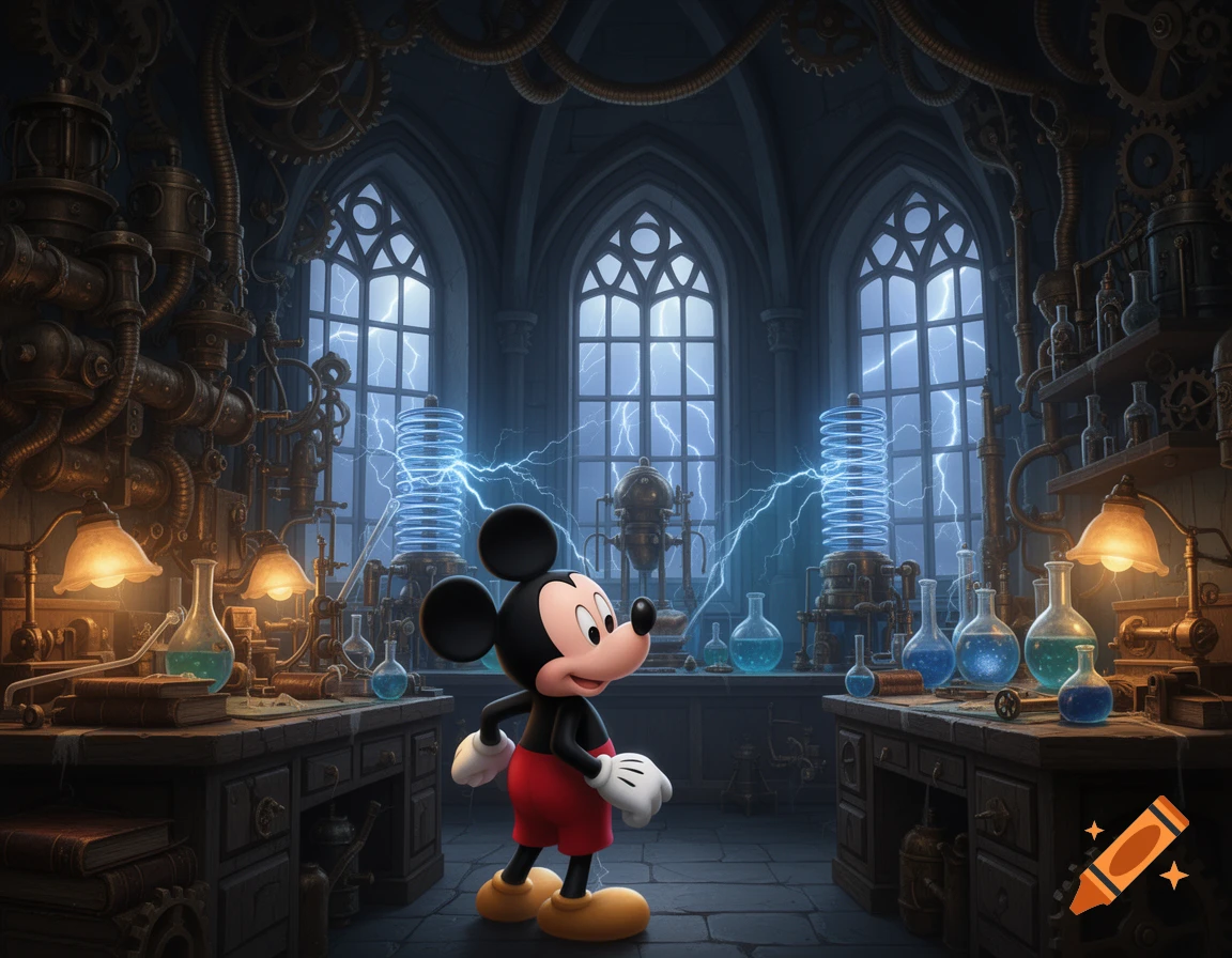 Mickey Mouse stands in a detailed, dark steampunk laboratory with glowing Tesla coils, beakers, and gothic windows showing lightning.