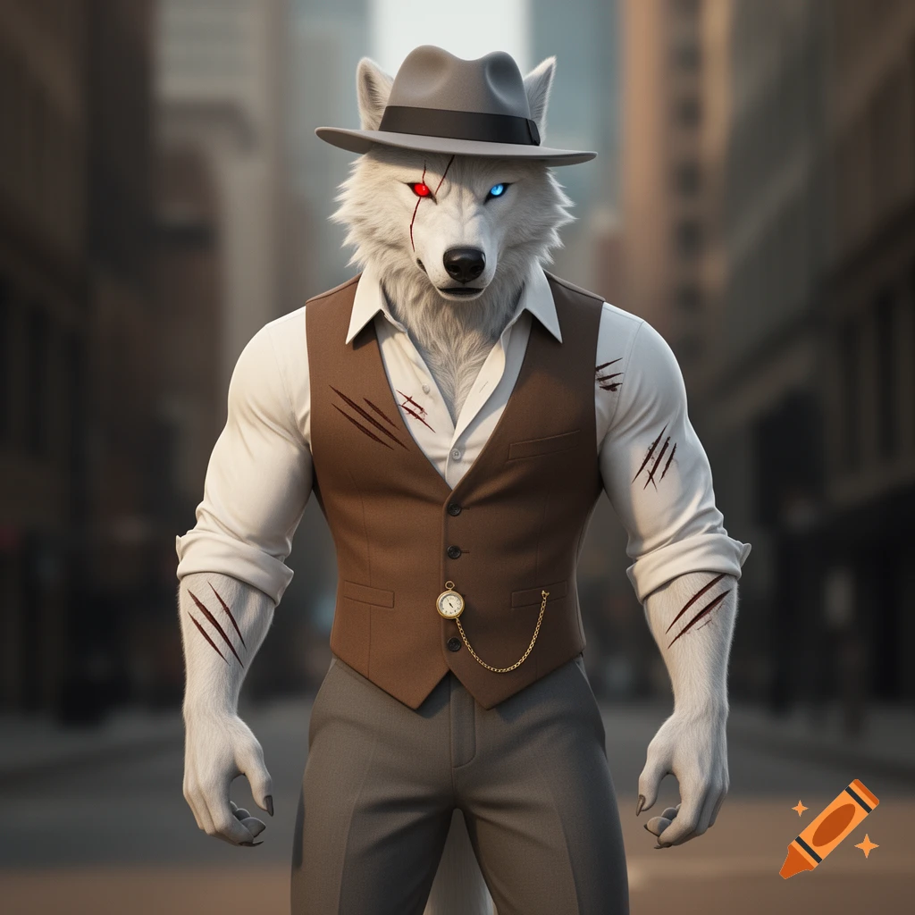 Photorealistic white furred anthro direwolf in a fedora, vest, and shirt, with a red eye, blue scarred eye, and claw marks, standing in a city.