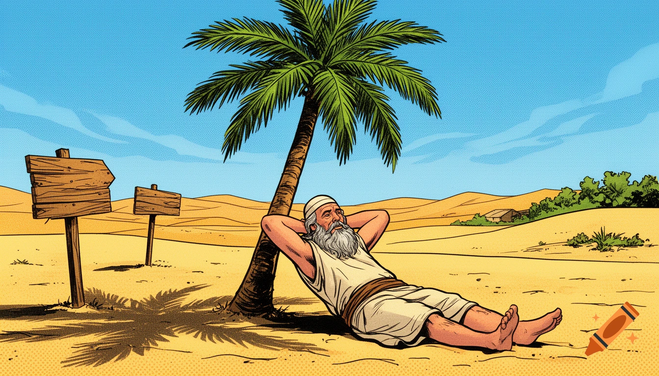 Comic art of an old man with a beard relaxing under a palm tree in a desert landscape with sand dunes and blank wooden signs.