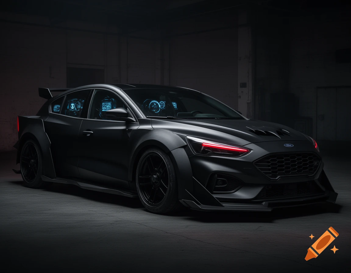 A sleek, matte black Ford Focus ST-line in a dark garage, customized with red headlights and glowing blue futuristic interior screens.