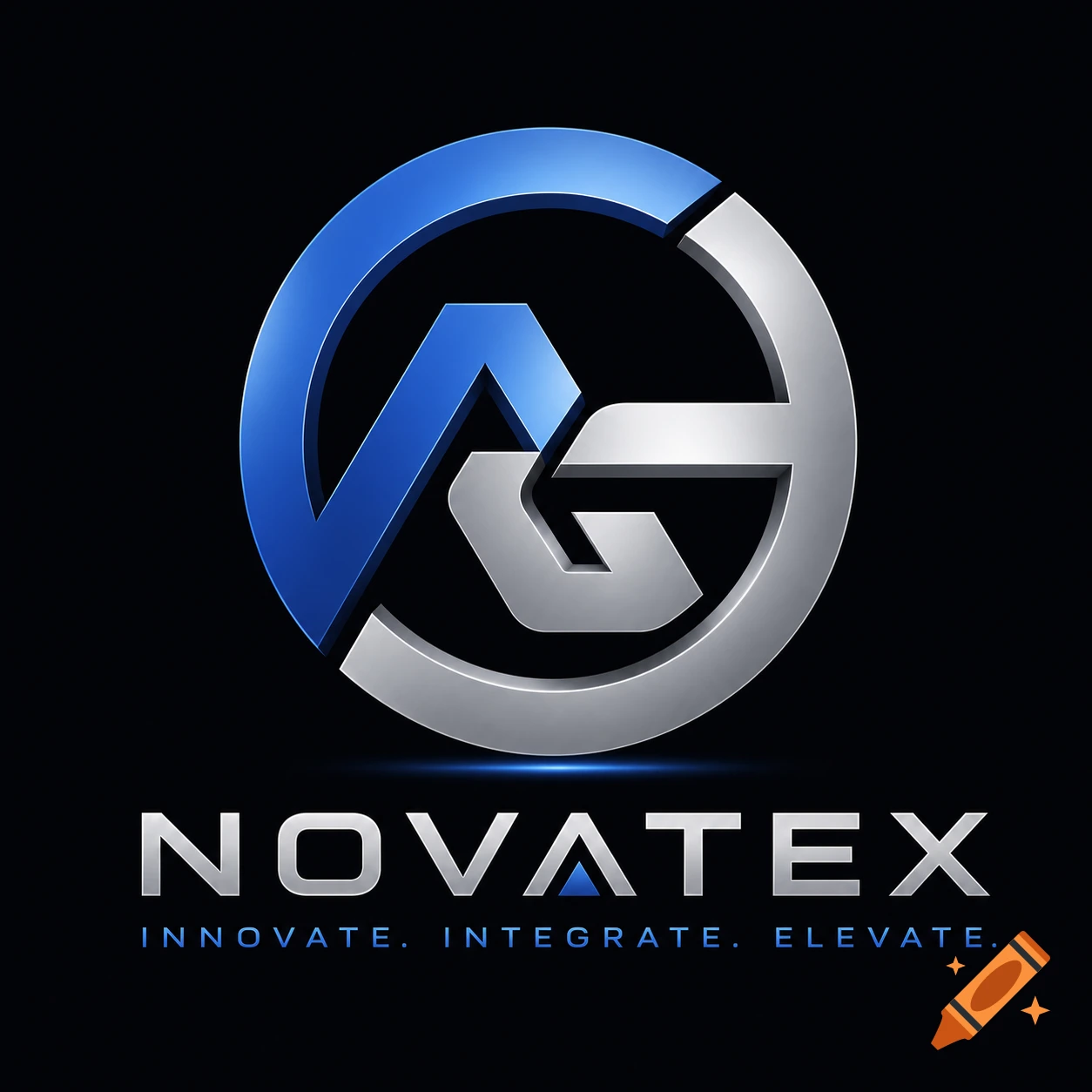 A sleek blue and silver 3D logo featuring interlocking abstract letters 'N' and 'G', with 'NOVATEX' and 'INNOVATE. INTEGRATE. ELEVATE.' text below on a black background.