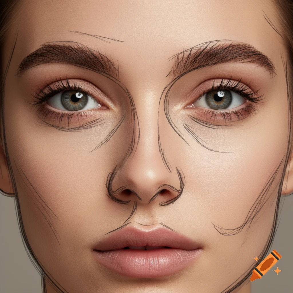Close-up portrait of a woman's face with artistic sketch lines outlining her features.