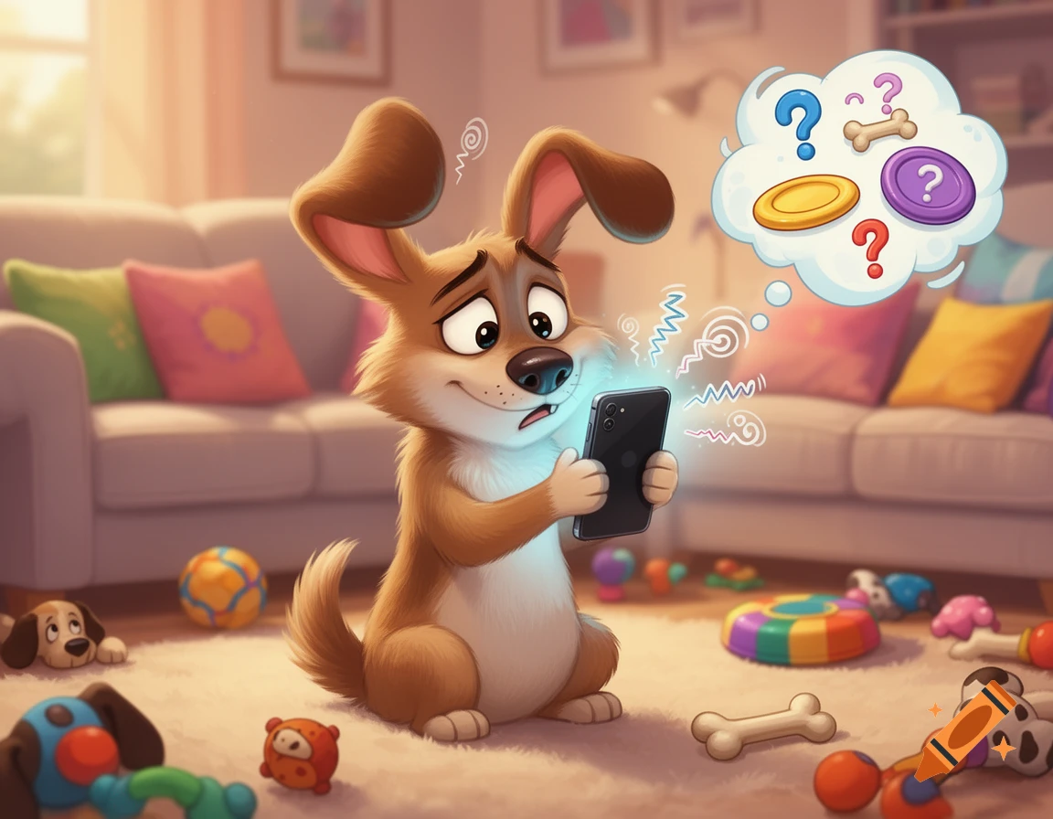 A cute cartoon dog with floppy ears sits on a rug, confused by a smartphone, while thinking of dog toys.