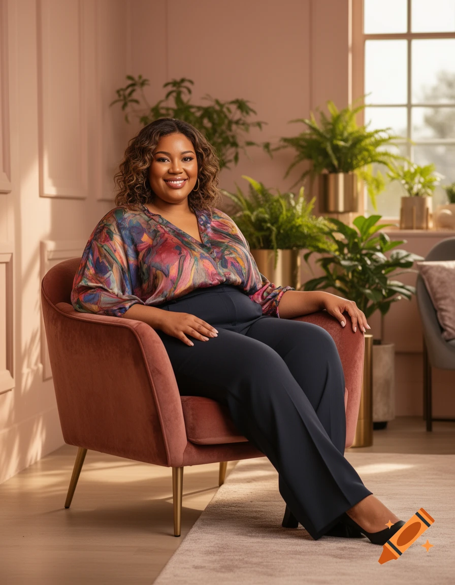A smiling woman with curly hair sits in a pink armchair, wearing a colorful blouse and dark pants, in a room with plants.
