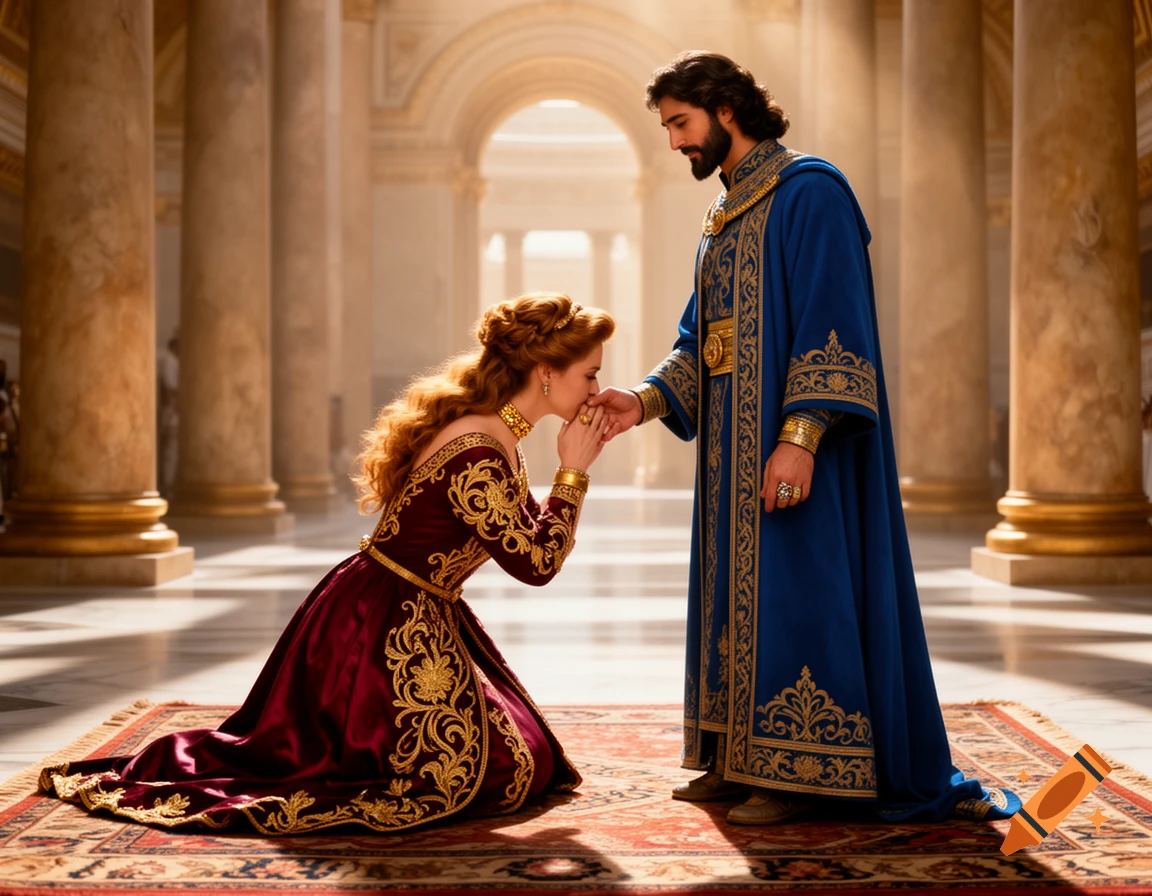 A woman in a red and gold gown kneels, kissing the hand of a man in a blue and gold robe in an ornate hall.
