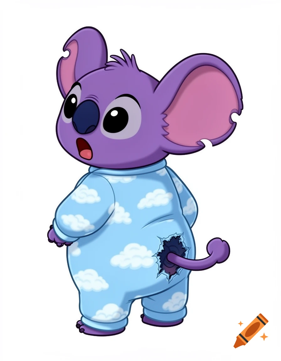 A chubby purple koala alien in blue cloud pajamas, looking surprised at a rip in the back revealing its tail. Disney animation style.