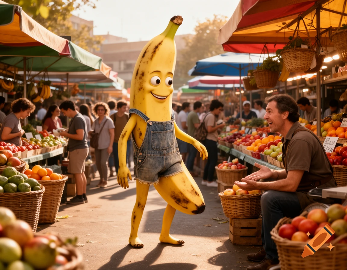 A smiling anthropomorphic banana in denim overalls stands in a bustling open-air fruit market, talking to a vendor amidst colorful produce.