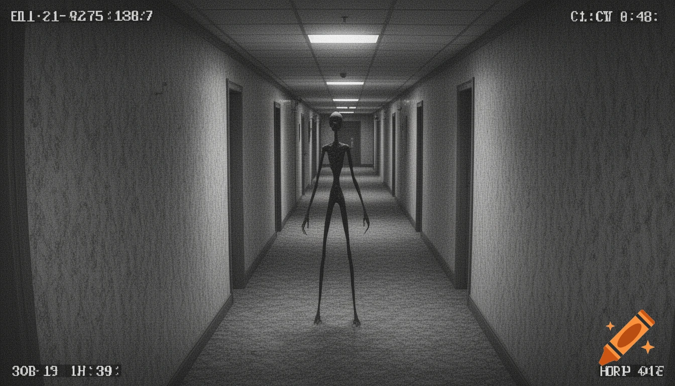 Grainy black and white CCTV footage of a tall, thin, humanoid creature standing in a long, dimly lit hotel hallway.