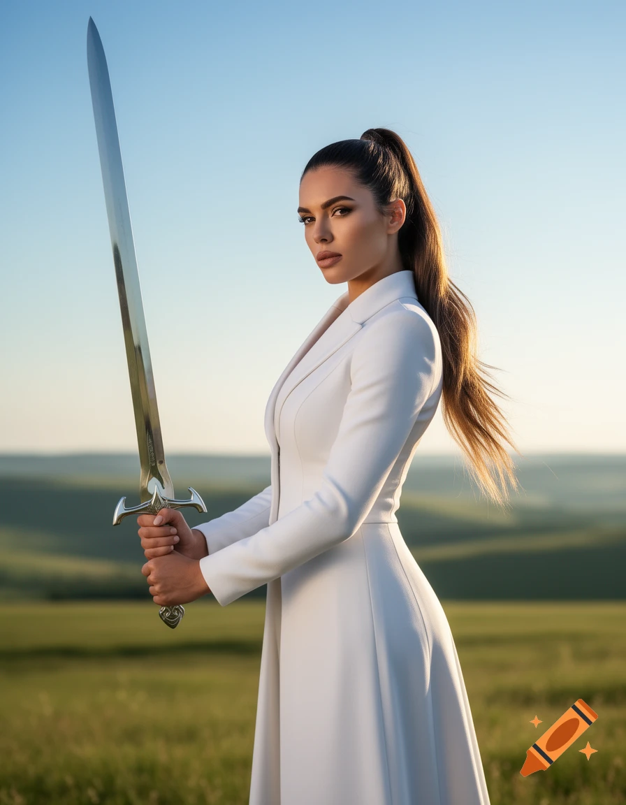 A woman in a white dress with a high ponytail holds a long sword, standing heroically in a green field under a clear sky.