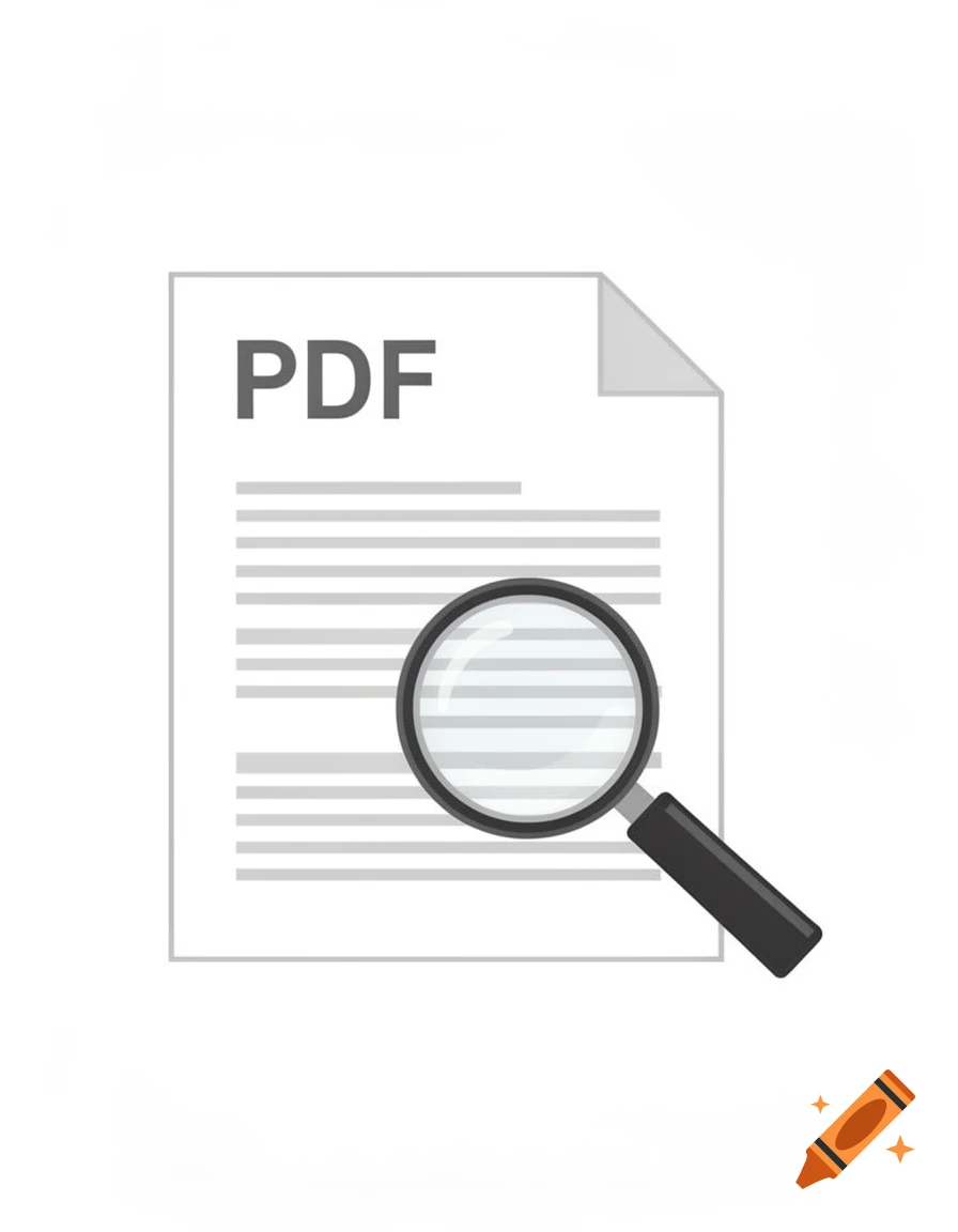A flat illustration of a white PDF document icon with a magnifying glass over it.