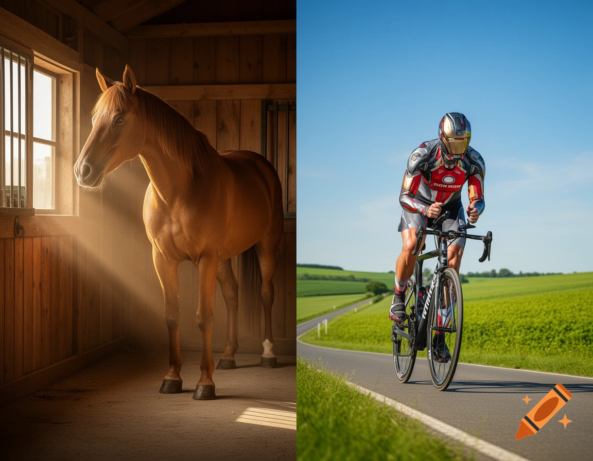 A split image shows a brown horse in a sunlit wooden stable on the left, and an Iron Man suited cyclist on a road through green fields on the right.