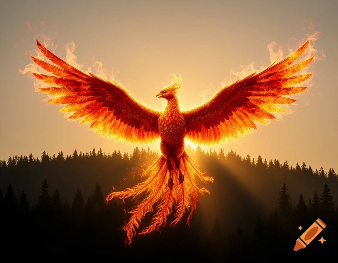A majestic fiery phoenix with outstretched wings soars above a dark forest silhouette against a golden sunset.