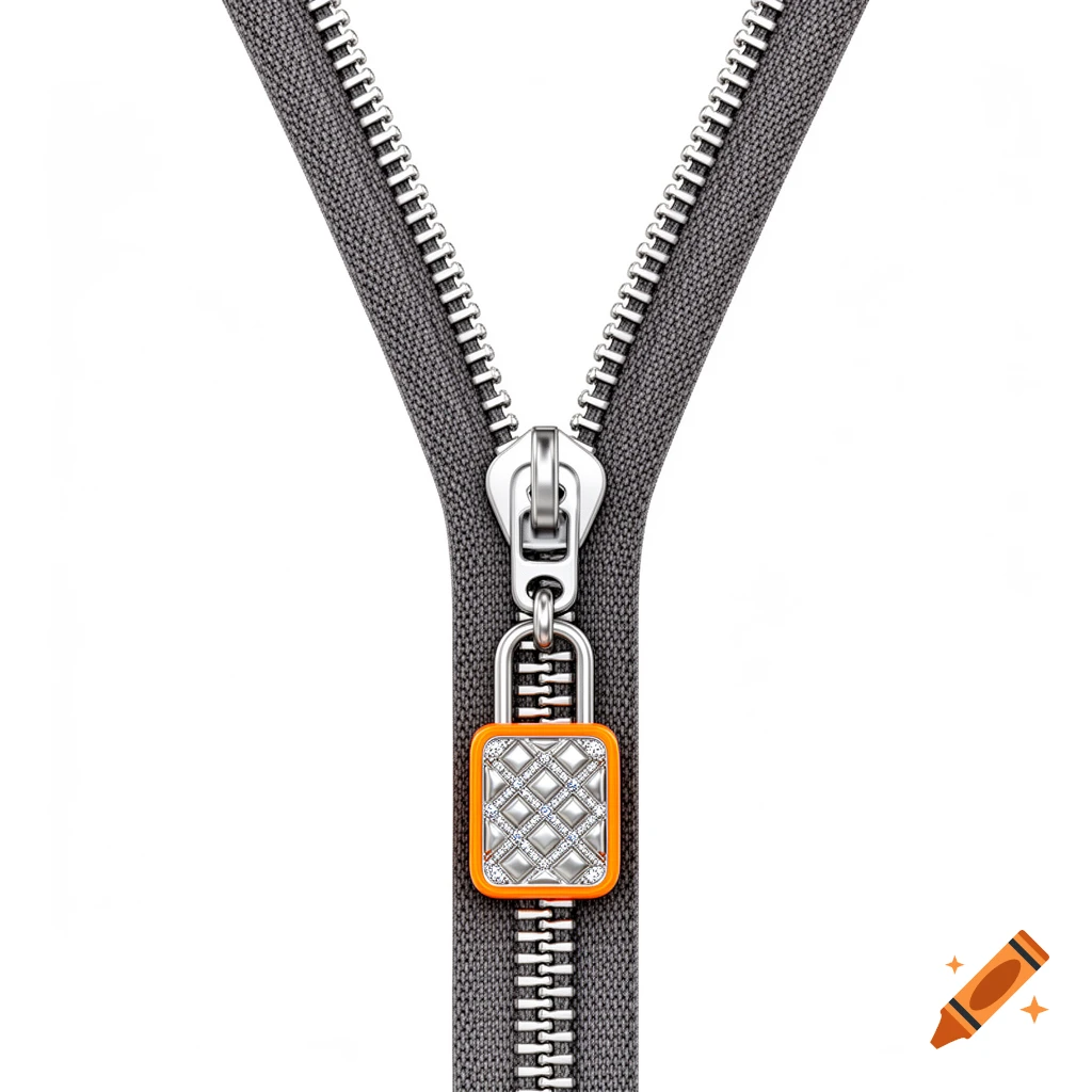3D render of a silver zipper open in a 'Y' shape with an orange-framed, diamond-studded padlock pendant, on a white background.