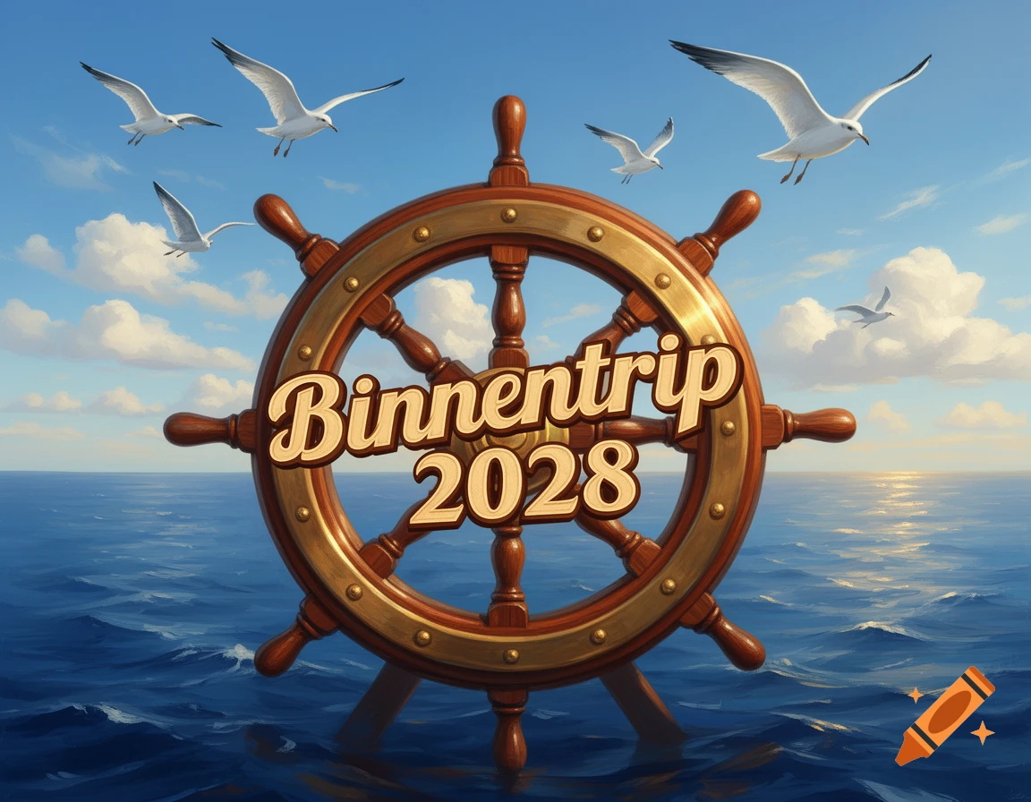 A wooden ship's wheel with "Binnentrip 2028" on it, set against a blue ocean and sky with seagulls flying.