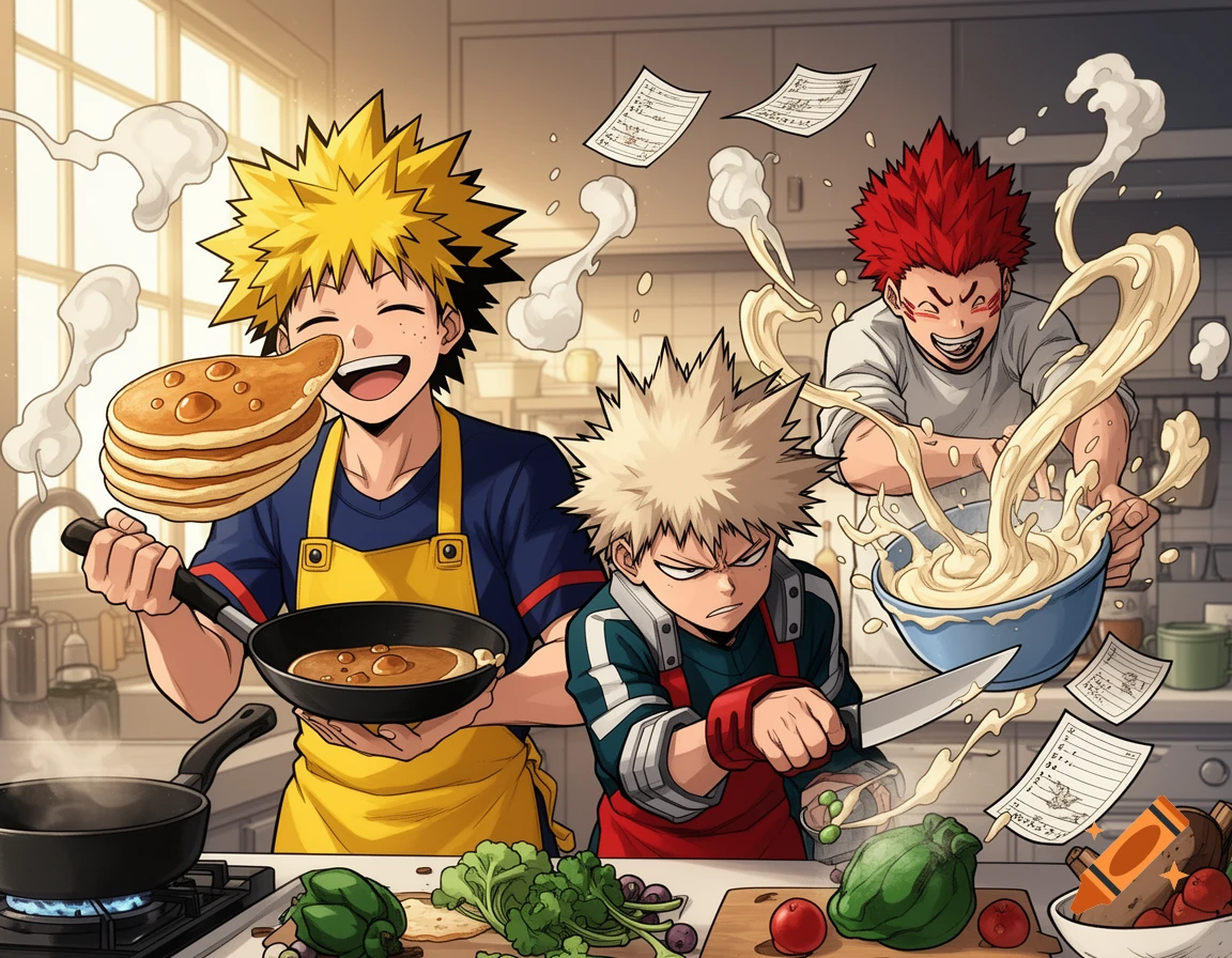 Three anime boys cooking in a kitchen, one with a pancake on his face, one mixing batter, and one chopping vegetables with a knife, in a webtoon style.