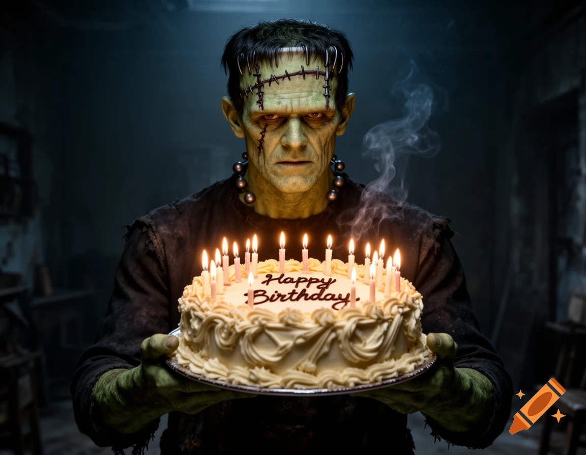 Frankenstein's monster holding a birthday cake with lit candles in a dark, moody setting, photorealistic style.